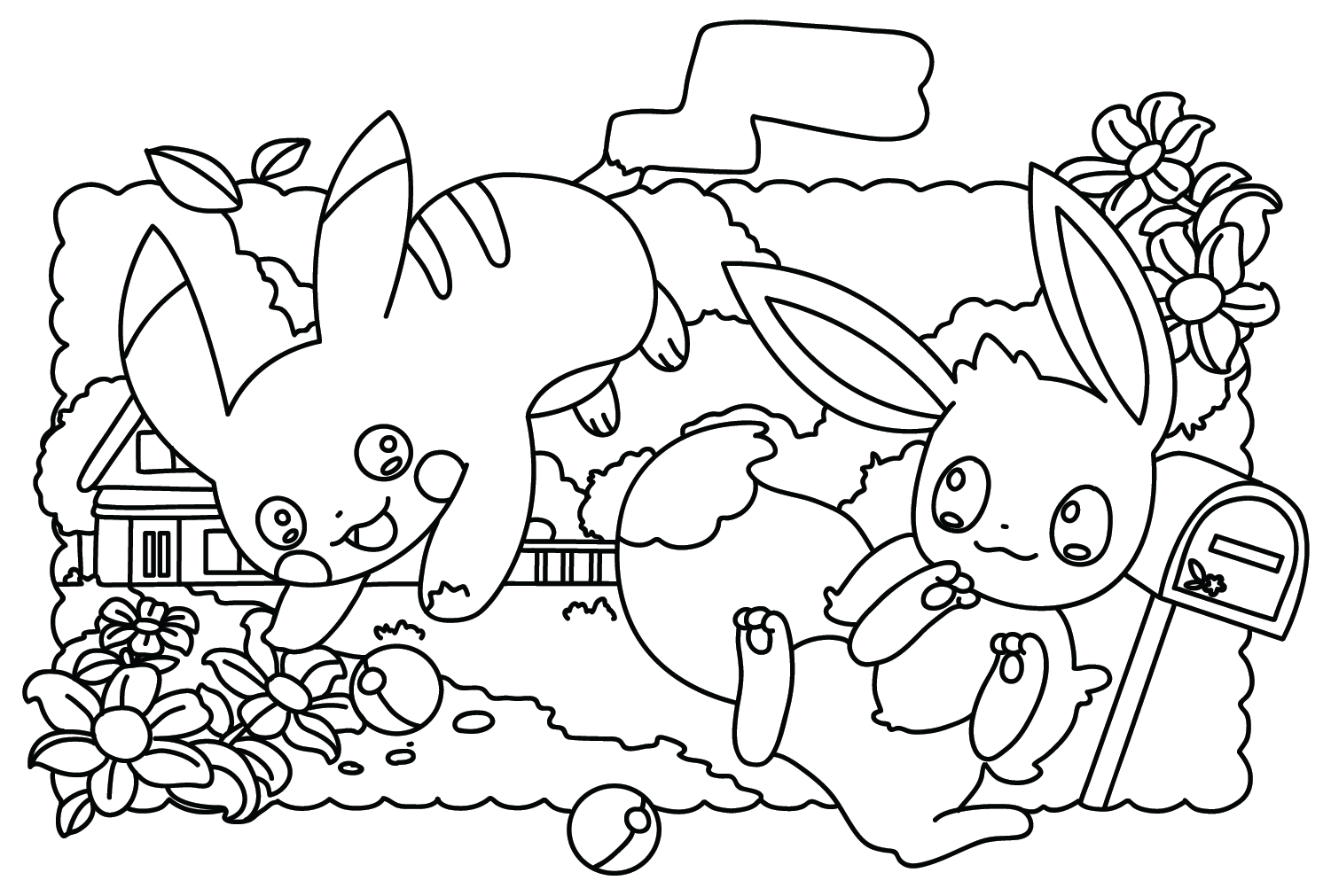 Pagina da colorare Pokemon Eevee e Pikachu di Eevee