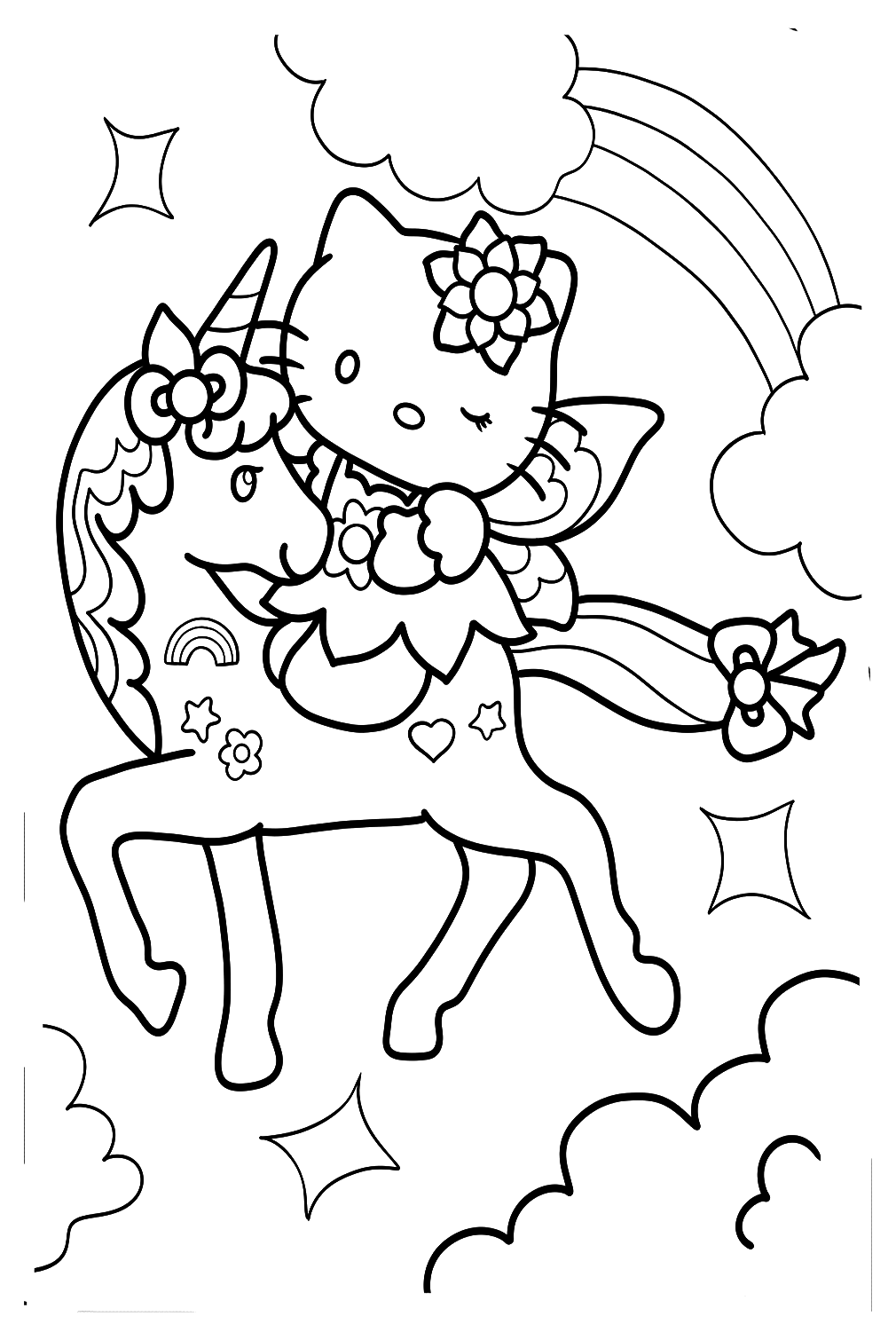 Página para colorir da Hello Kitty com unicórnio da Unicorn