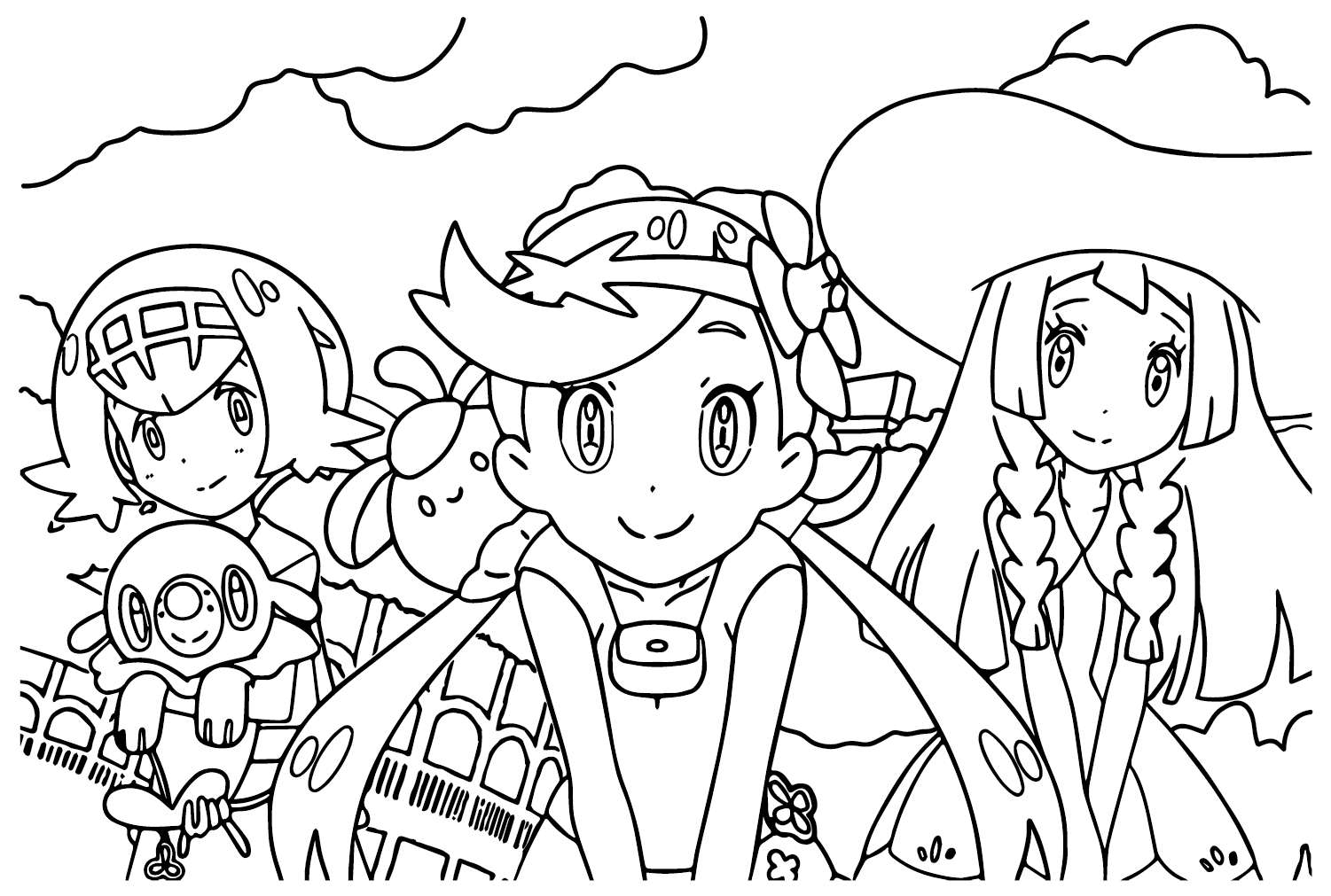 Раскраска покемоны Маллоу, Лилли и Лана от Mallow Pokemon