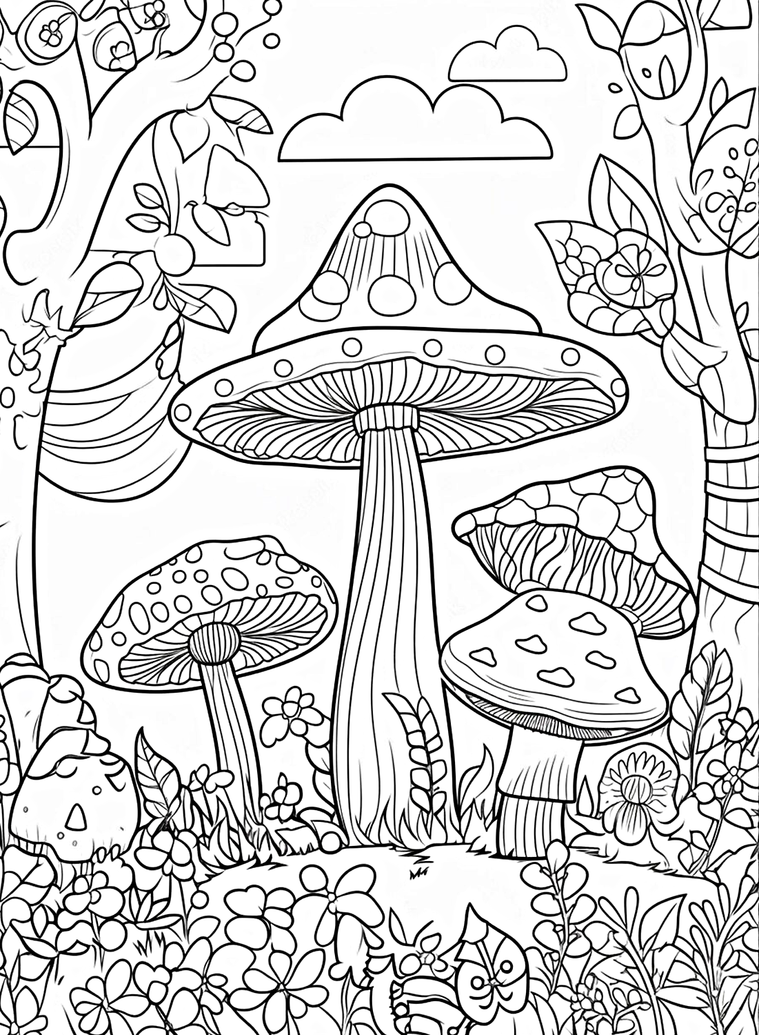 Imagen para colorear de muchos hongos altos de Mushroom