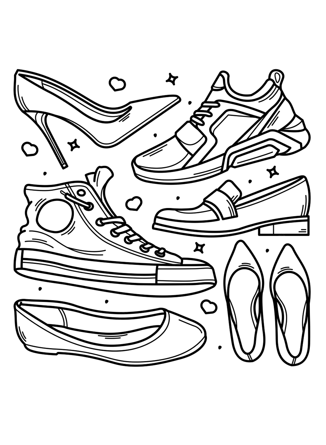 Many types of shoes to color
