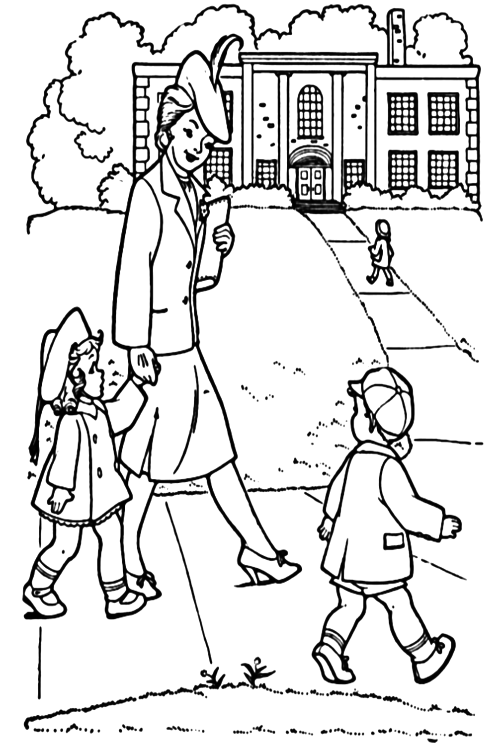 Mother And Kids On First Day Of School Coloring Page from First Day Of School