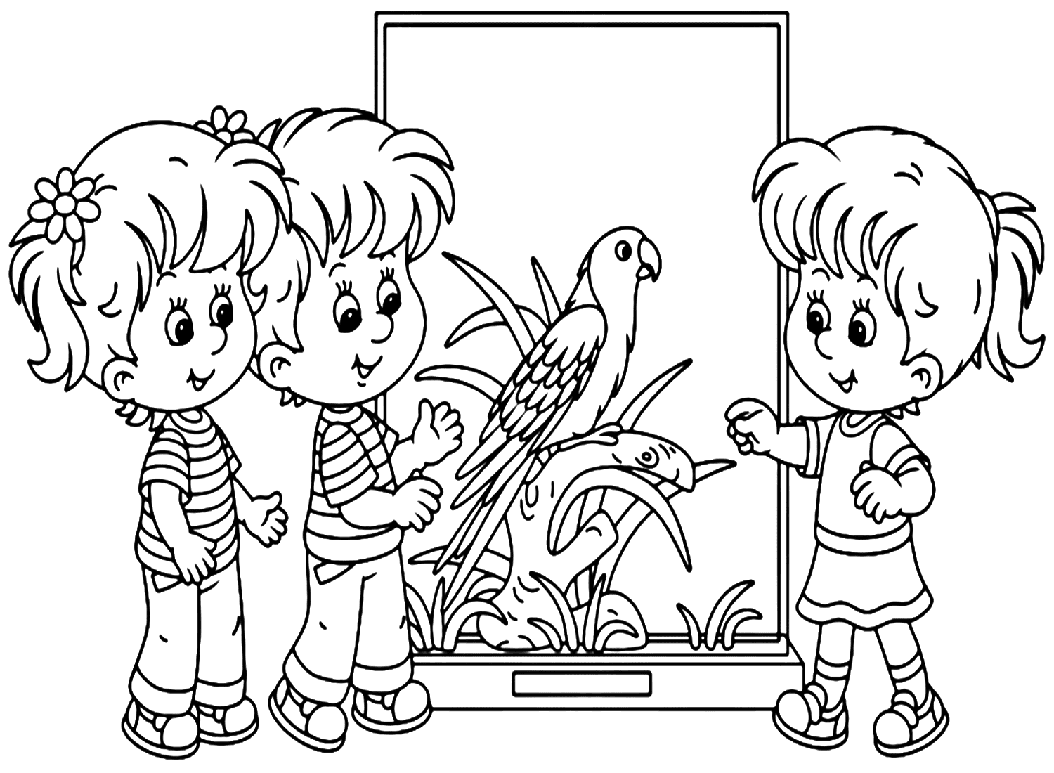 Parrocchetto con bambini da colorare di Parrocchetto