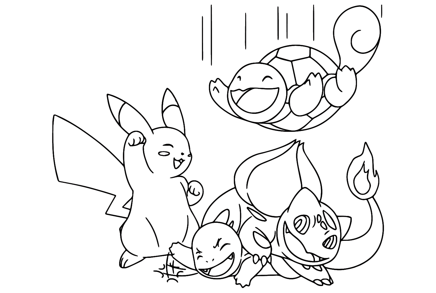 Pikachu and Squirtle, Charmander, Bulbasaur Coloring Page from Squirtle