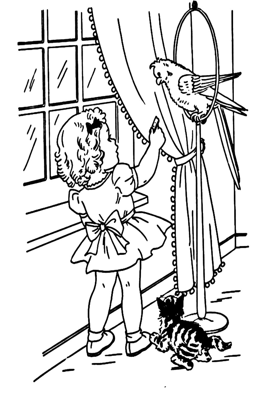 Polly Parakeet And Little Girl Coloring Page