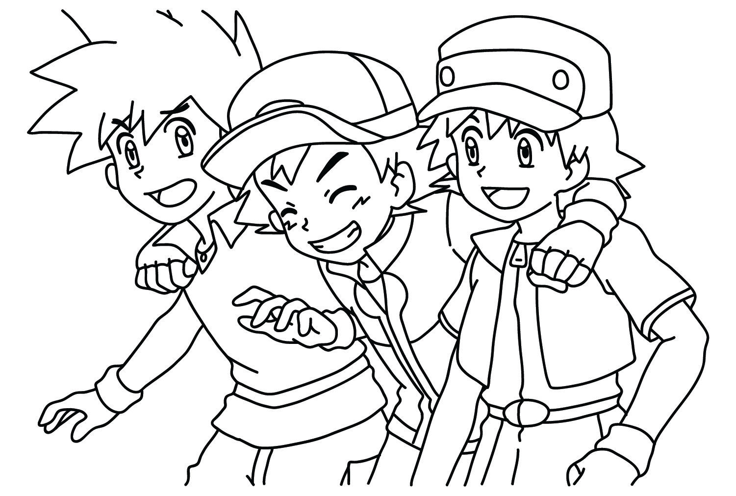 Ritchie, Gary Oak en Ash Pokemon kleurenpagina van Ash Ketchum