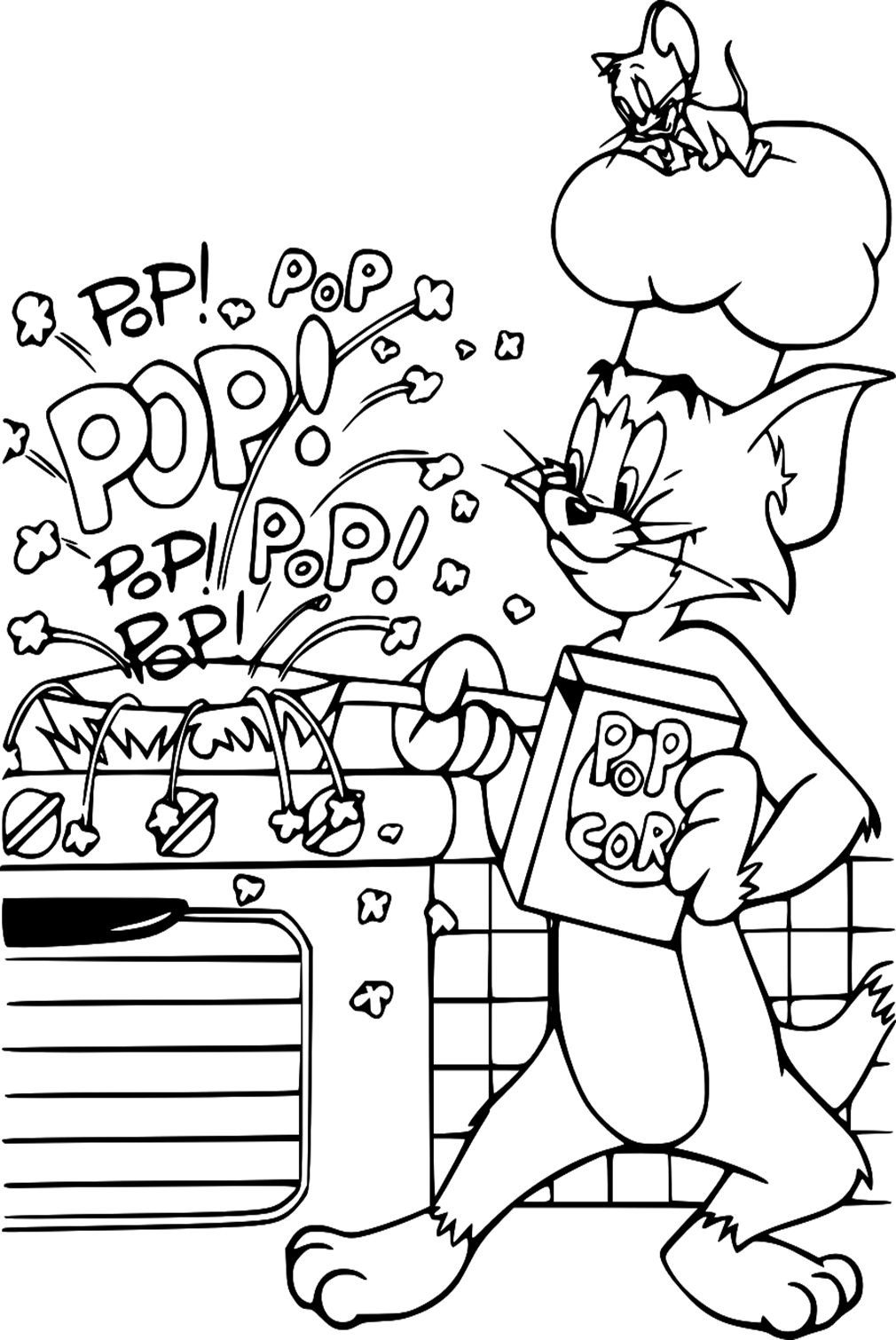 Página para colorir de Tom e Jerry fazendo pipoca de pipoca