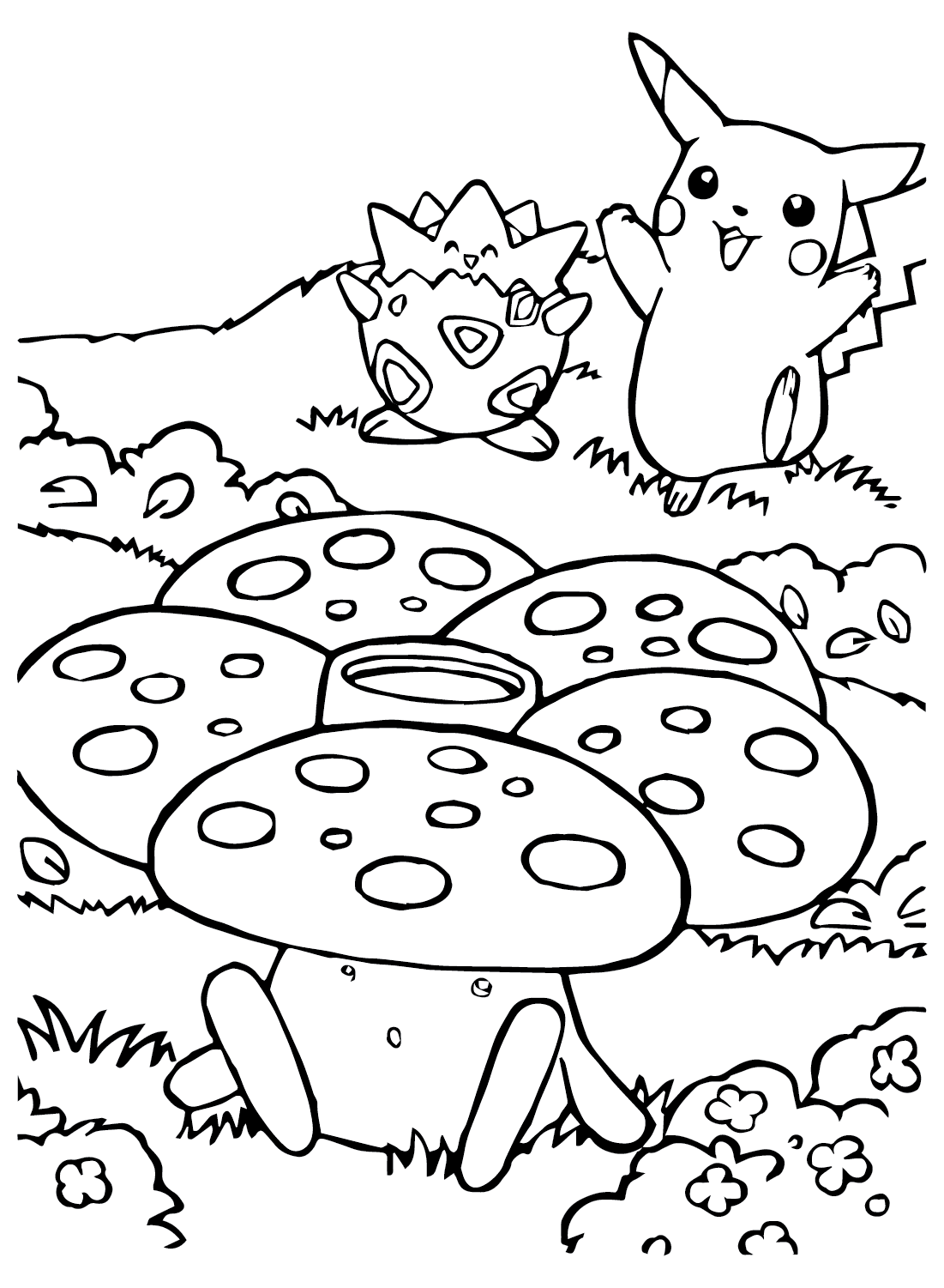 Página para colorear de Vileplume, Pikechu y Togepi de Pikachu