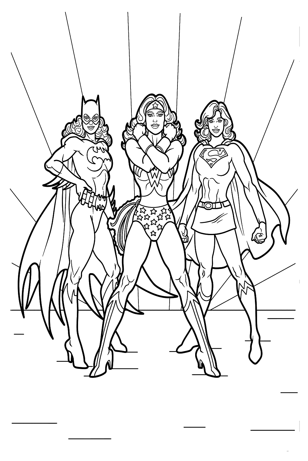 Wonder Woman met Super Woman en Batgirl om kleurplaat te kleuren