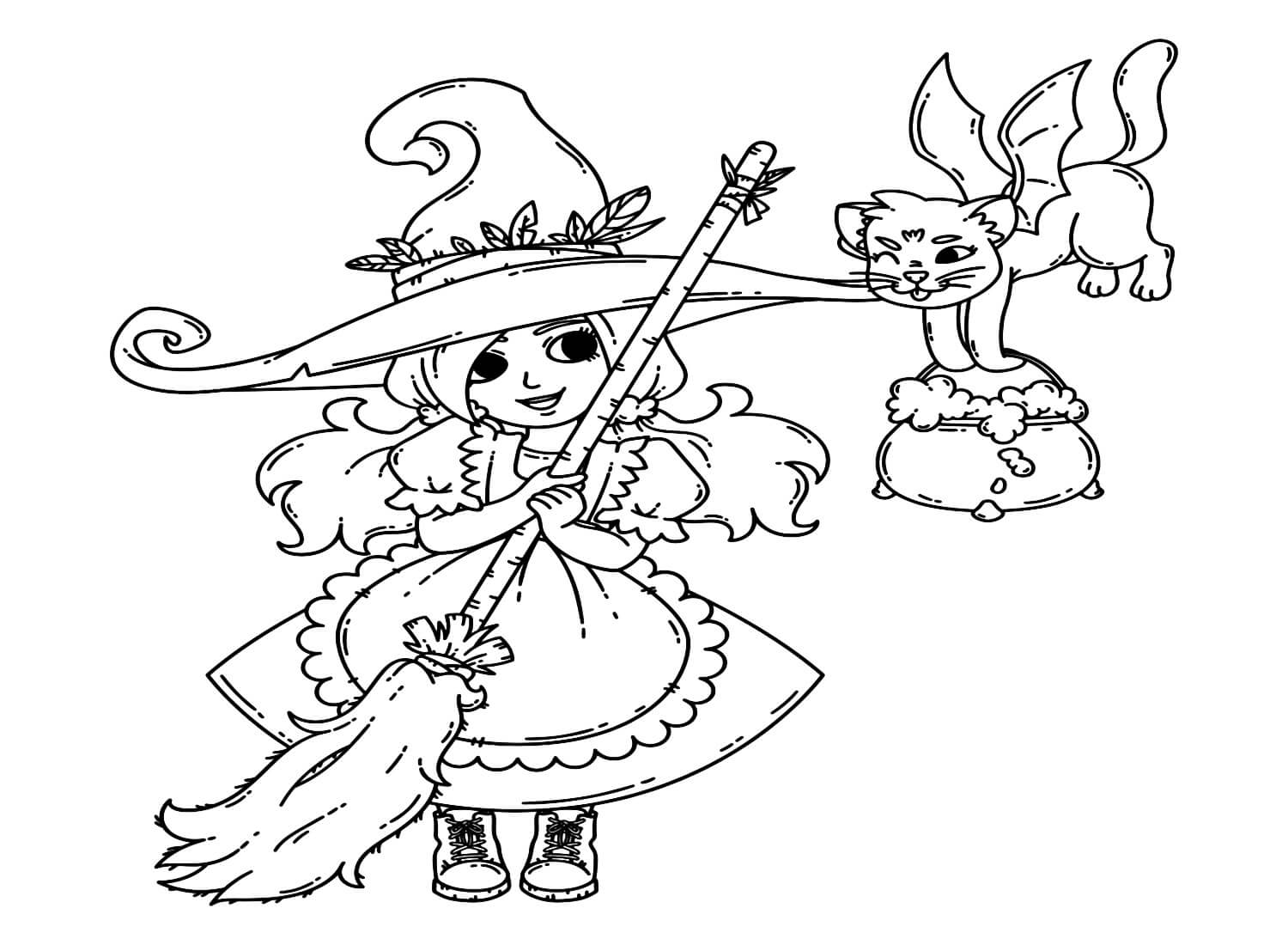 Little Halloween Witch Witch Cat Coloring Page from Halloween Witch