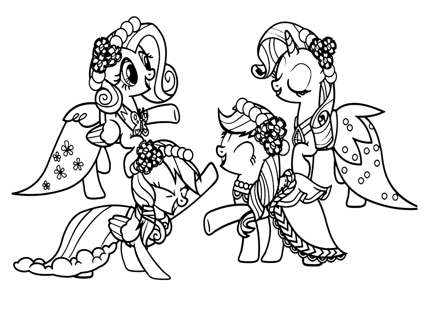 Applejack, Fluttershy, Rainbow Dash, and Rarity Coloring Page