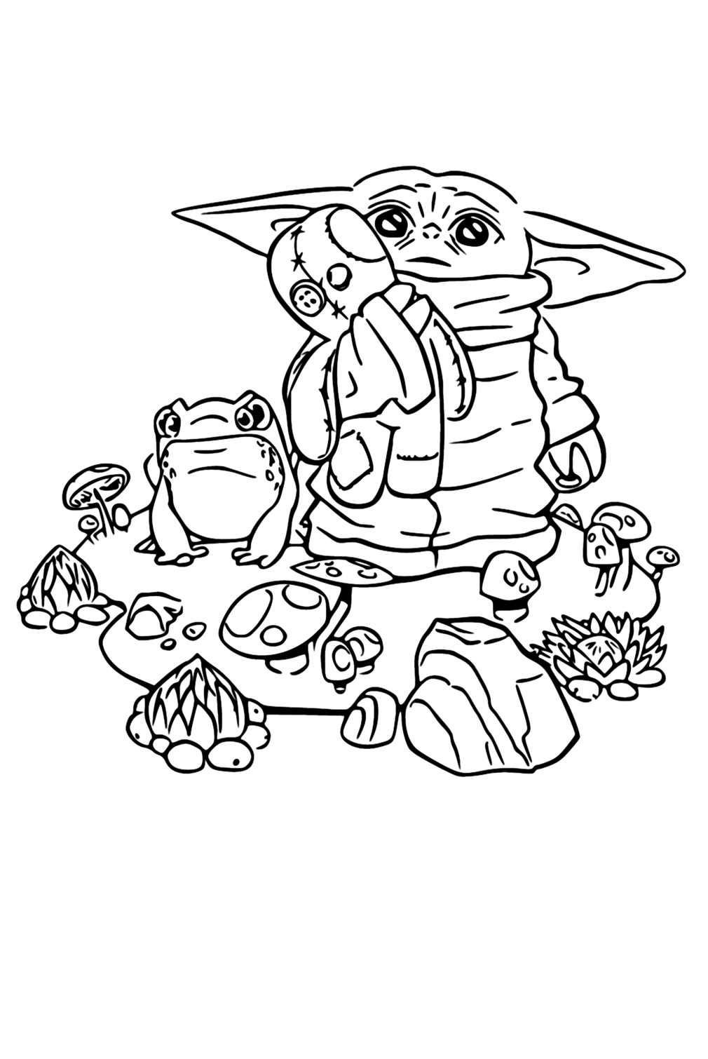 Baby Yoda With Frog Coloring Pages