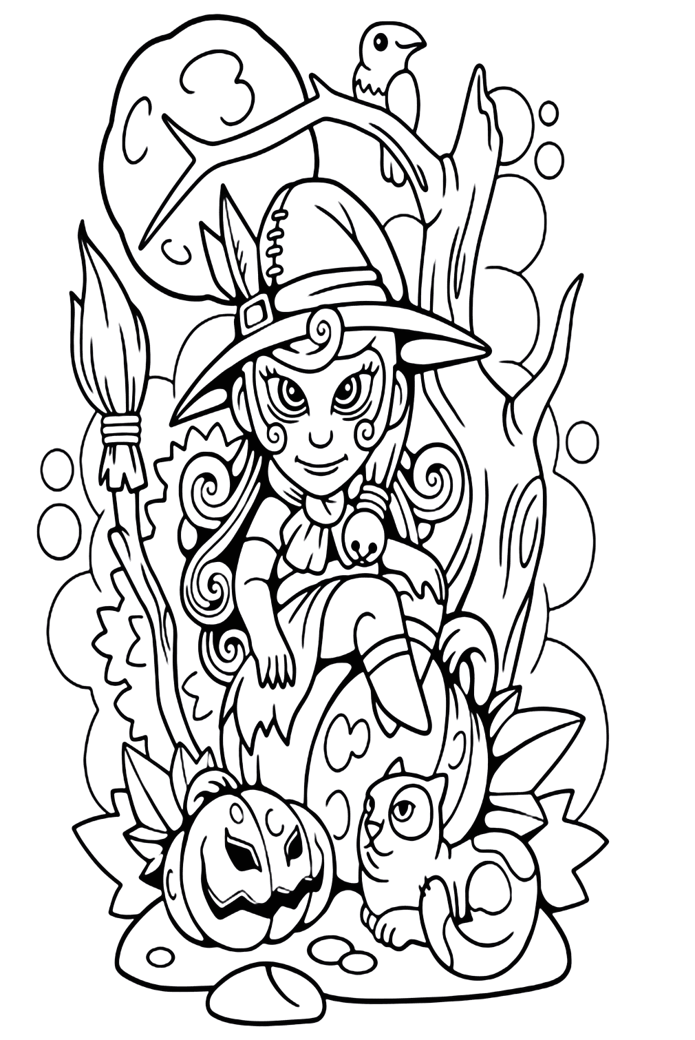 Crow And Witch Coloring Page - Free Printable Coloring Pages