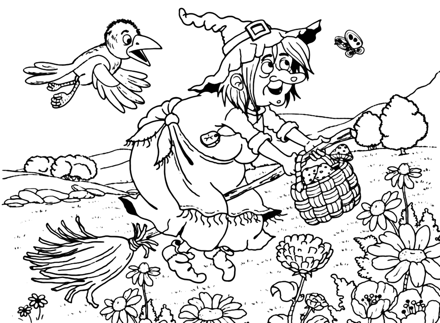 Crow With Witch Coloring Page from Crow