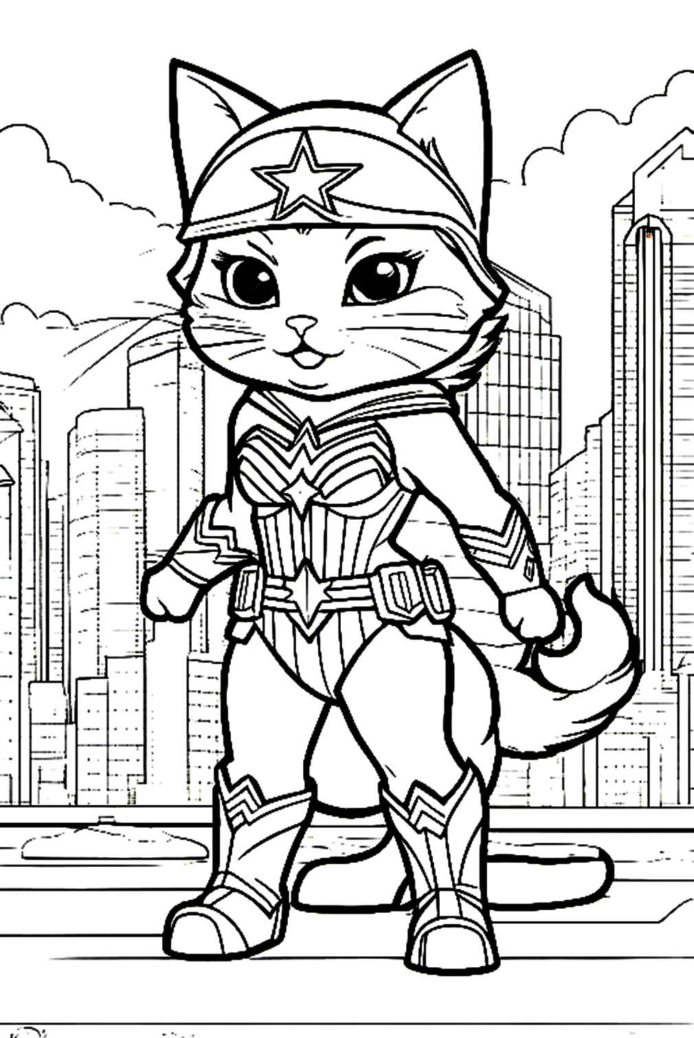 Cute Cat Wonder Woman Custome Coloring Page