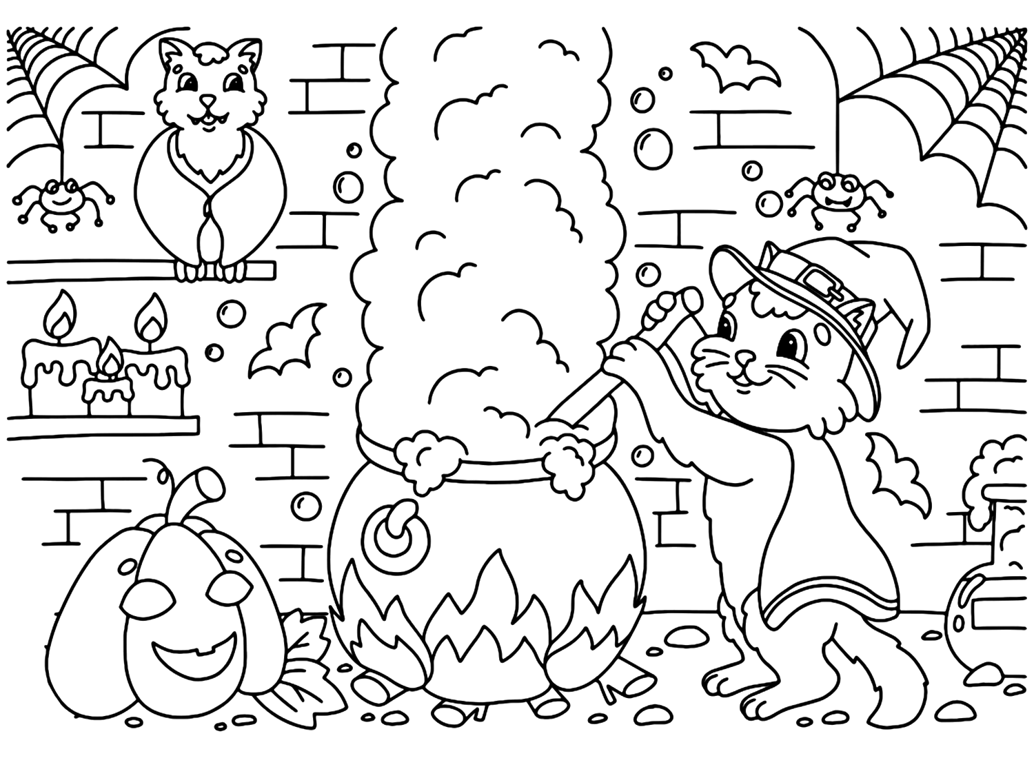 Halloween Witch Cats Coloring Page