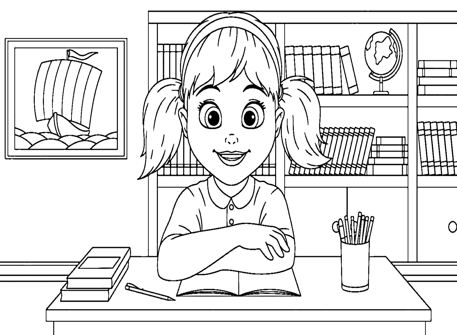Student Girl On First Day Of school Coloring Sheet