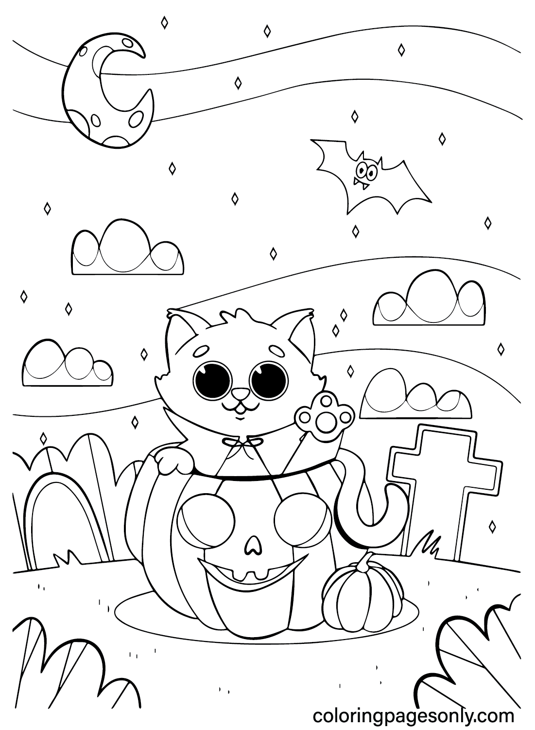 Pagina da colorare di un simpatico gatto di Halloween da Gatti di Halloween