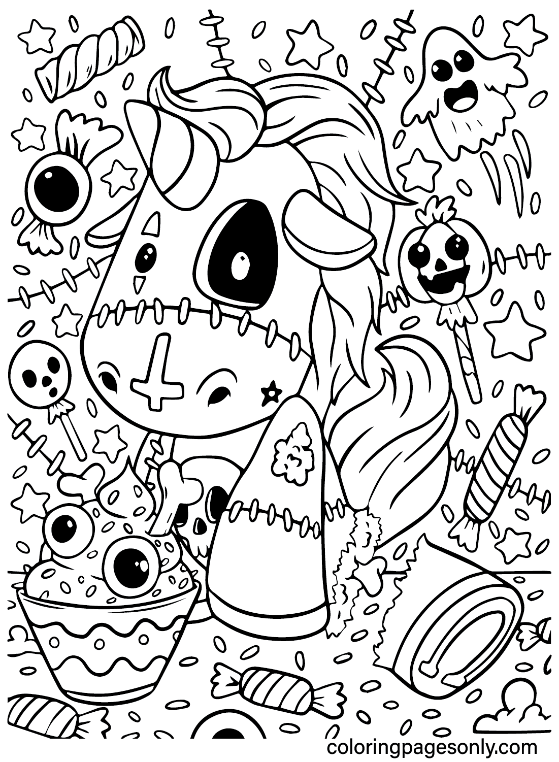 Pagina da colorare stampabile gratuita di un simpatico unicorno di Halloween da Cute Halloween