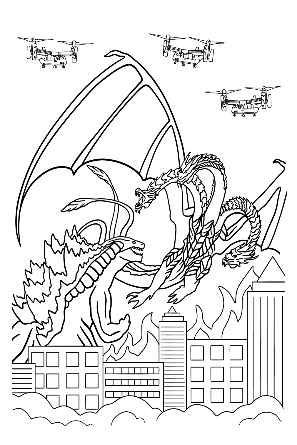 Godzilla Fighting King Ghidorah Coloring Page