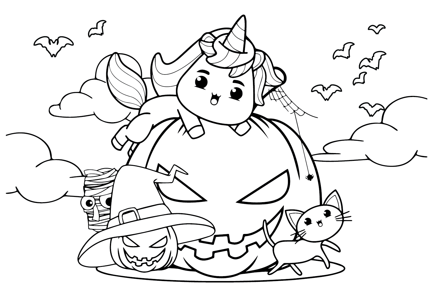 Halloween Unicorn and Pumpkin Coloring Page