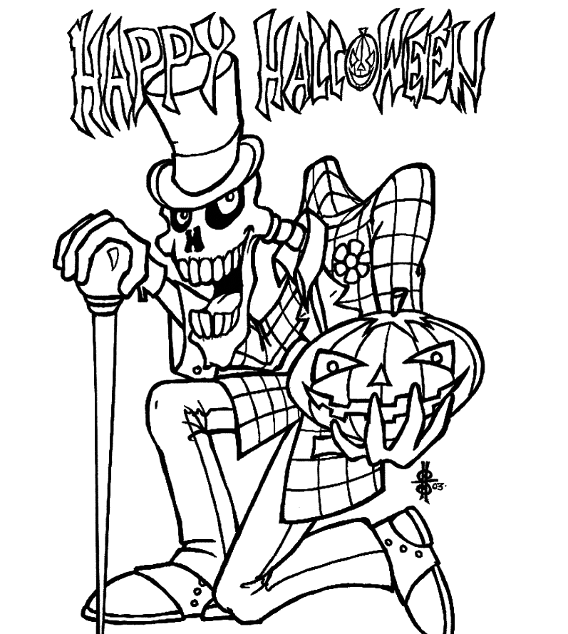 Happy Halloween Old Skull Pumpkin Coloring Page 