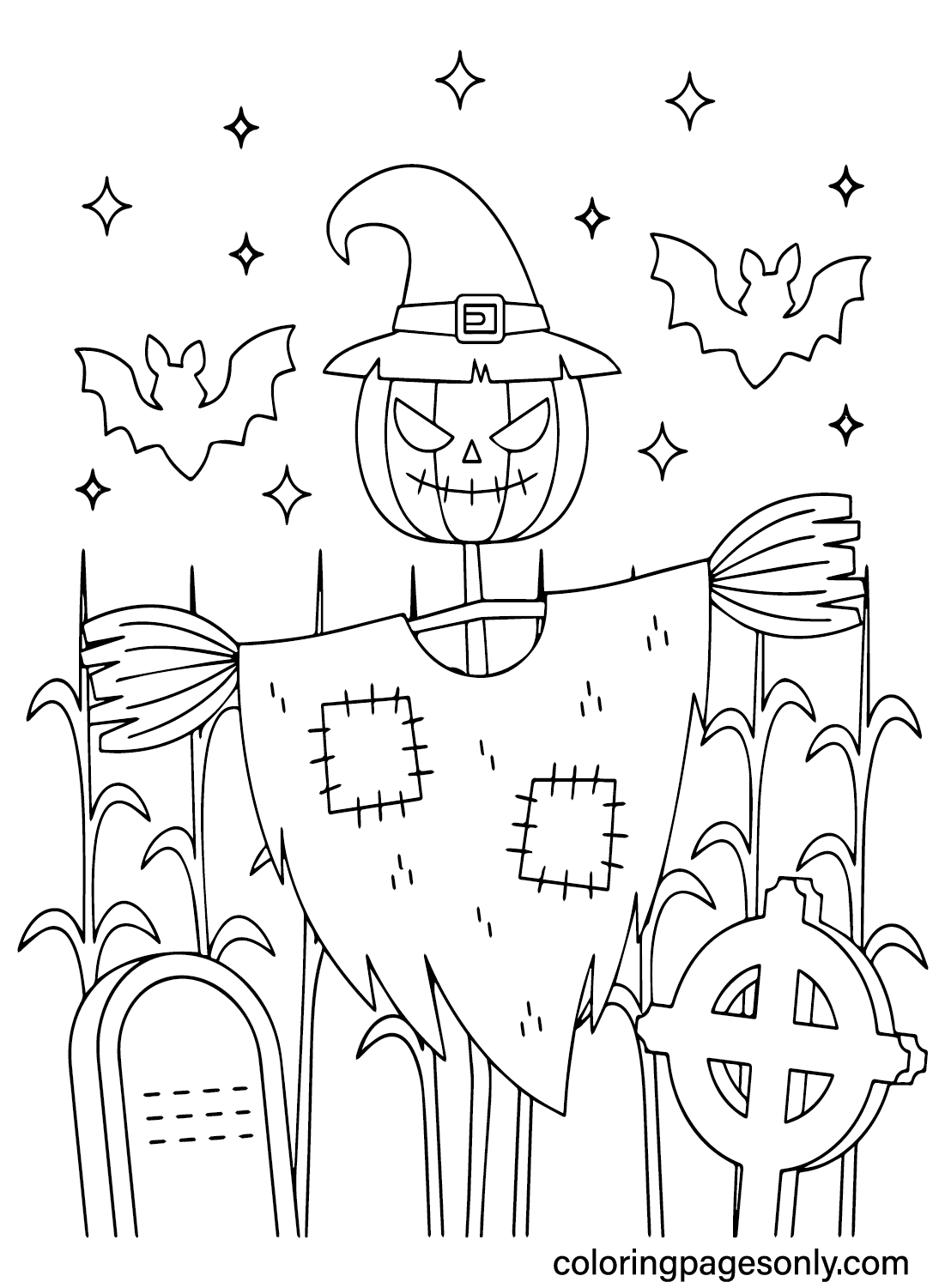 Раскраска Хэллоуин Пугало из Happy Halloween