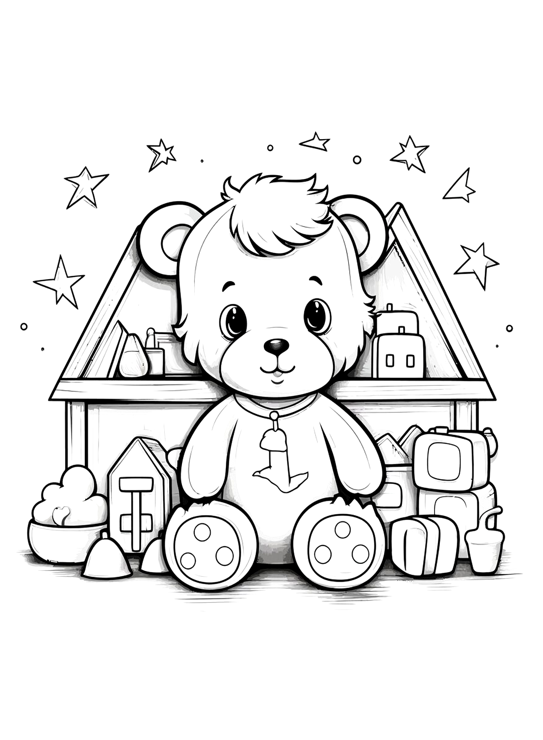 Toy house and teddy bear coloring sheets