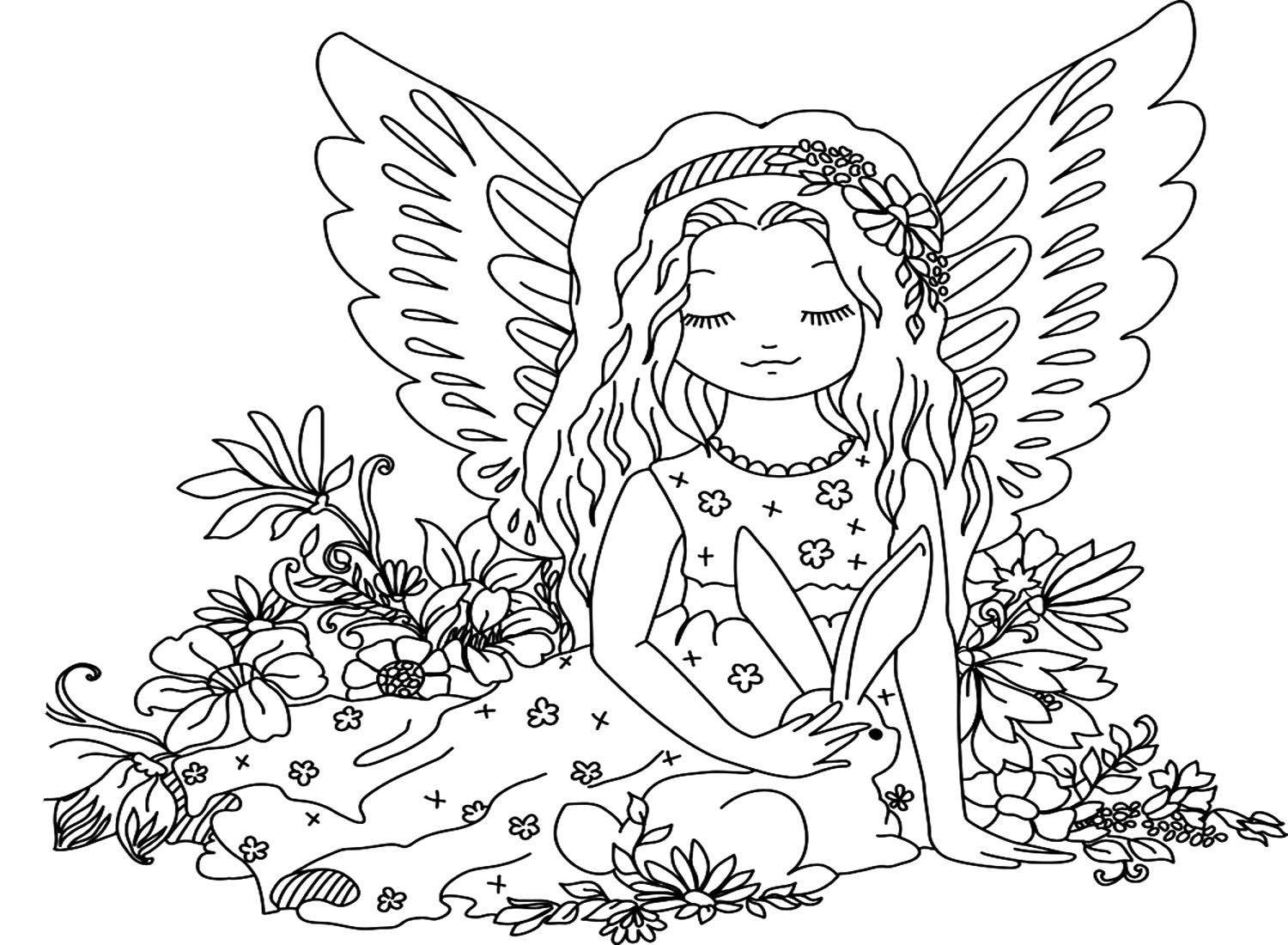 Cute Angel With Bunny Coloring Page