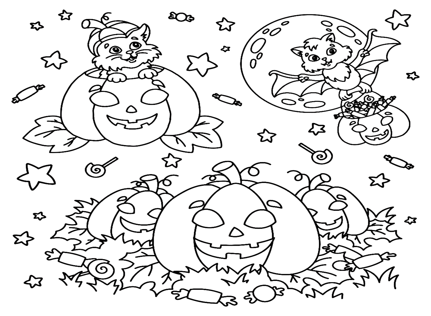 Desenhos para colorir imprimíveis de gato de Halloween