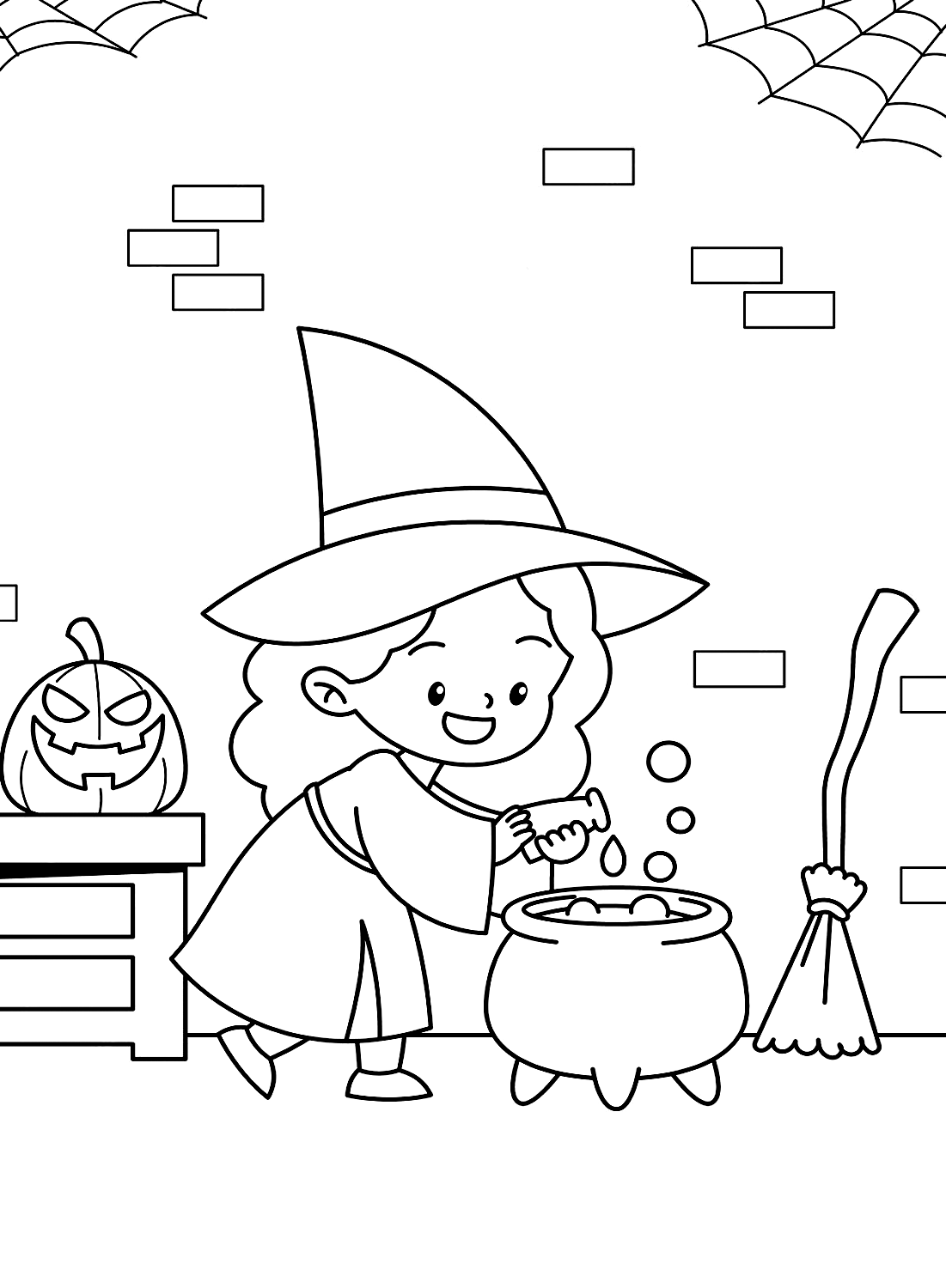 Eine kleine Hexe kocht zum Ausdrucken von Cute Halloween