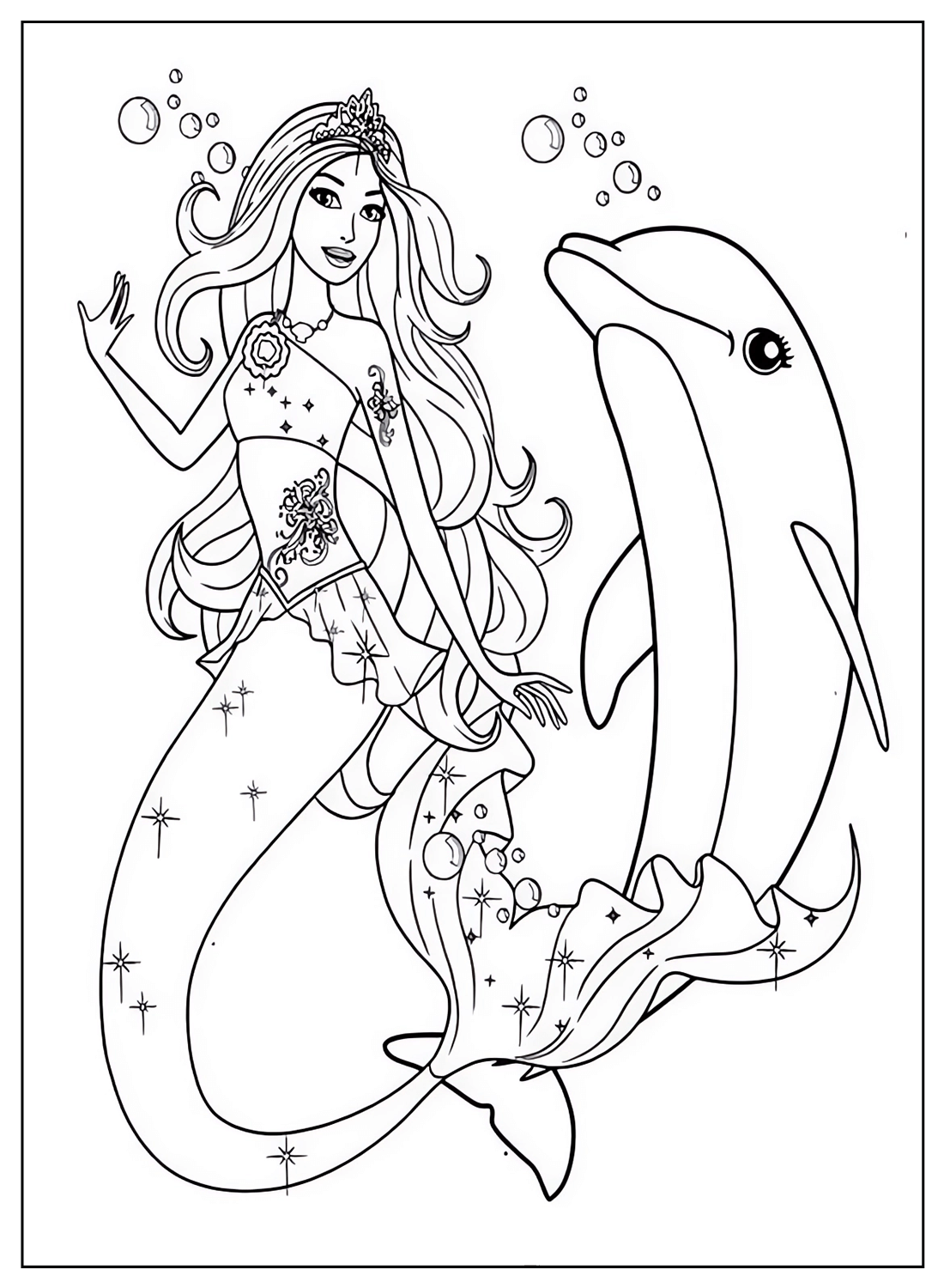 Barbie and Dolphin Coloring Page