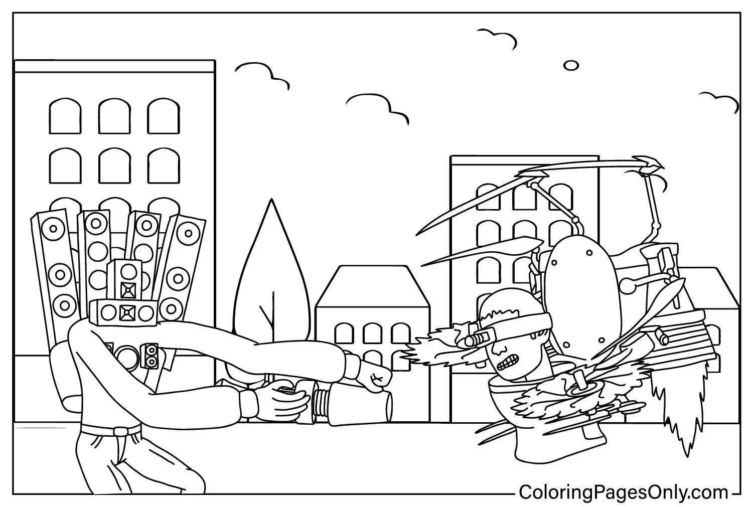 Dual Buzzsaw Mutant and Titan Speakerman Coloring Page from Dual Buzzsaw Mutant
