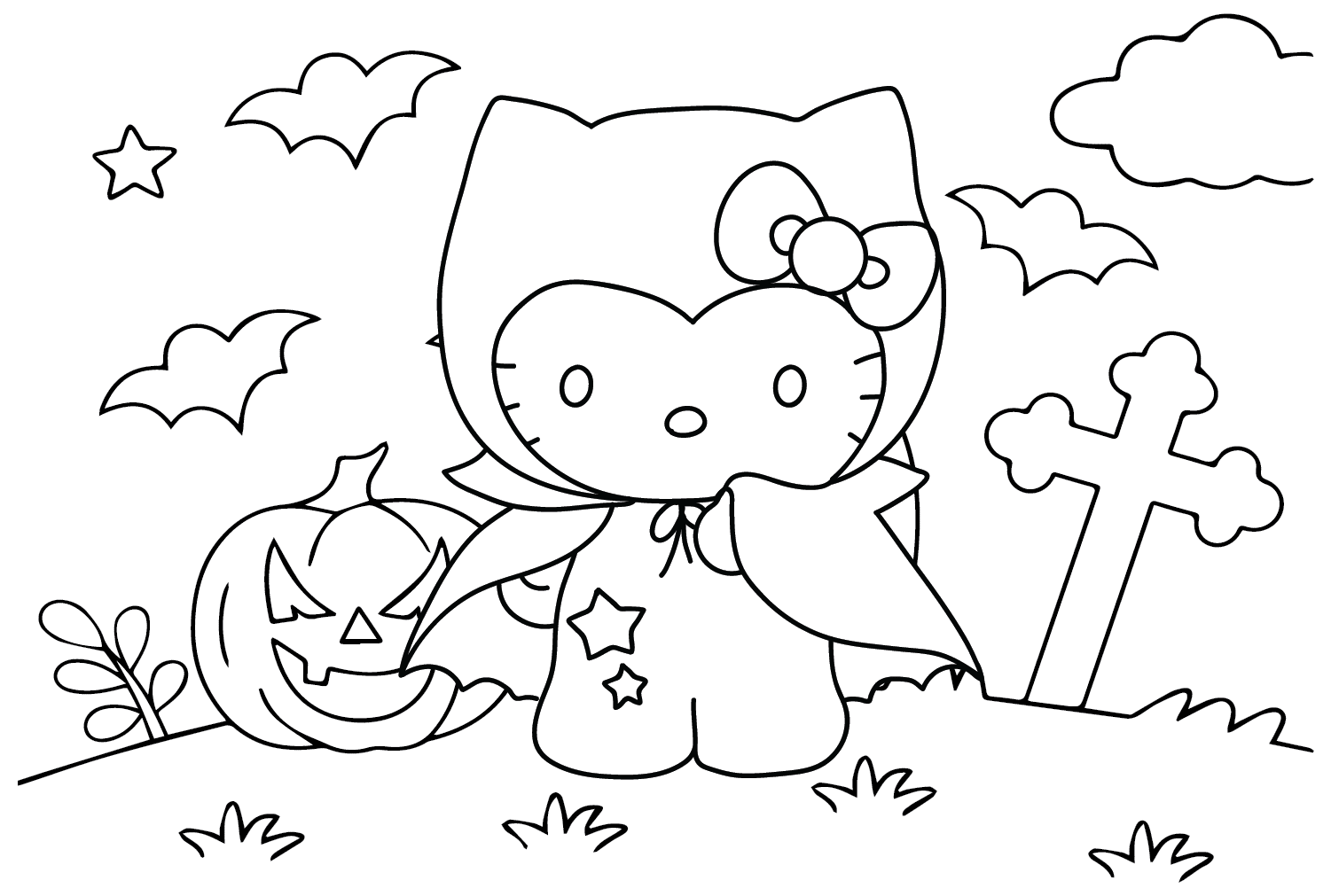 Бесплатная раскраска Hello Kitty на Хэллоуин от Хэллоуина Hello Kitty