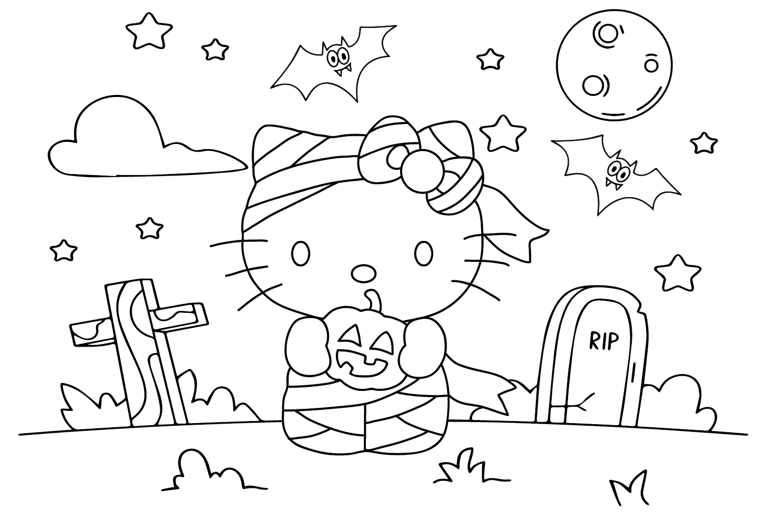 Página para colorear de Hello Kitty de Halloween de Hello Kitty de Halloween