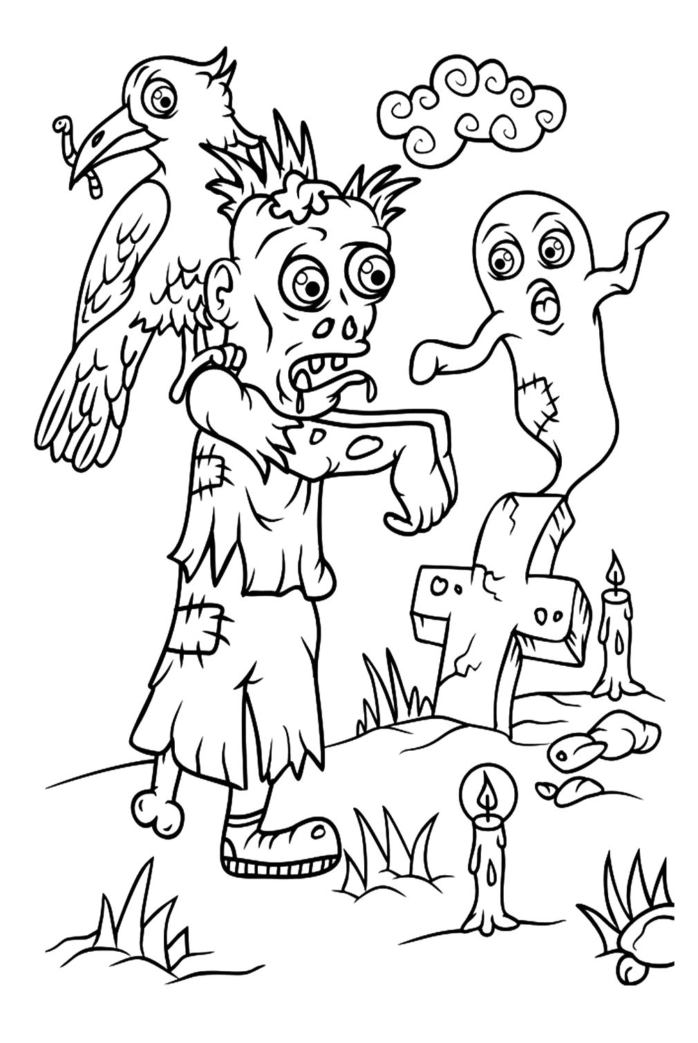 Halloween zombie en kraai kleurplaat van Crow