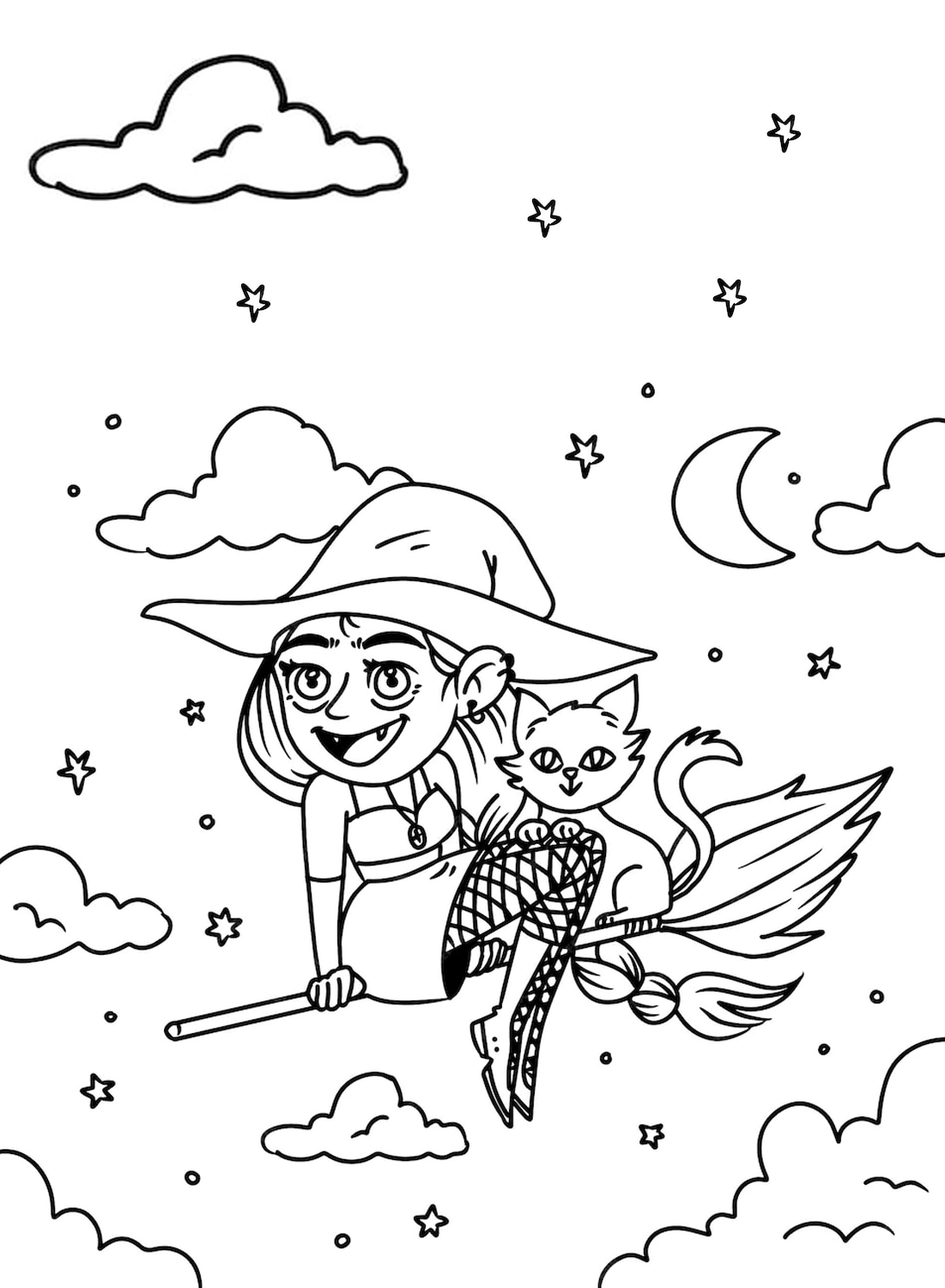 Gato feliz e uma bruxa para colorir