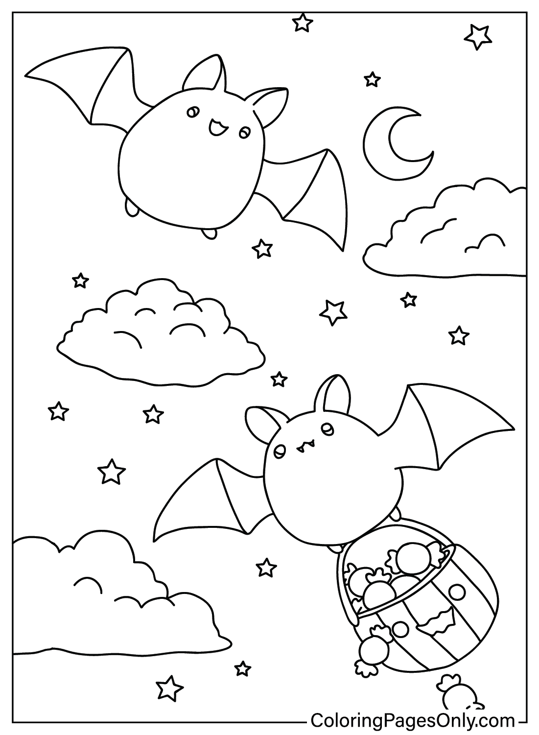 Página para colorear de Halloween de murciélago kawaii de Kawaii Halloween