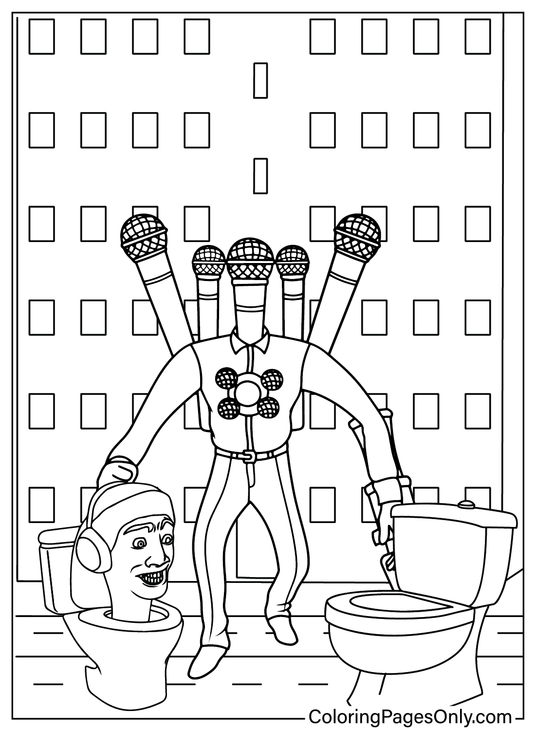 Microfone Mecha Boss, página para colorir de banheiro Skibidi do microfone Mecha Boss
