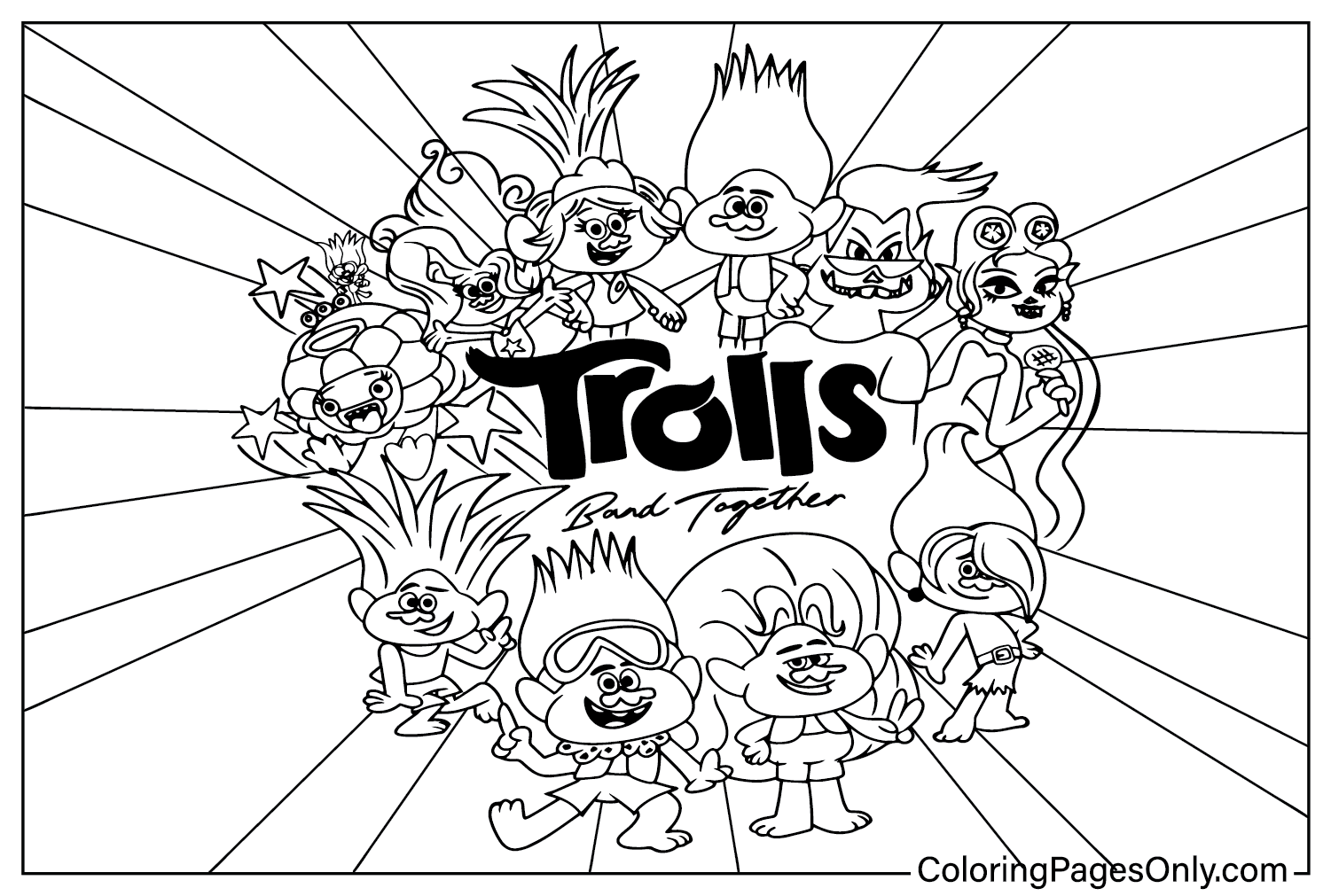 Trolls Band Together kleurplaat voor volwassenen van Trolls Band Together