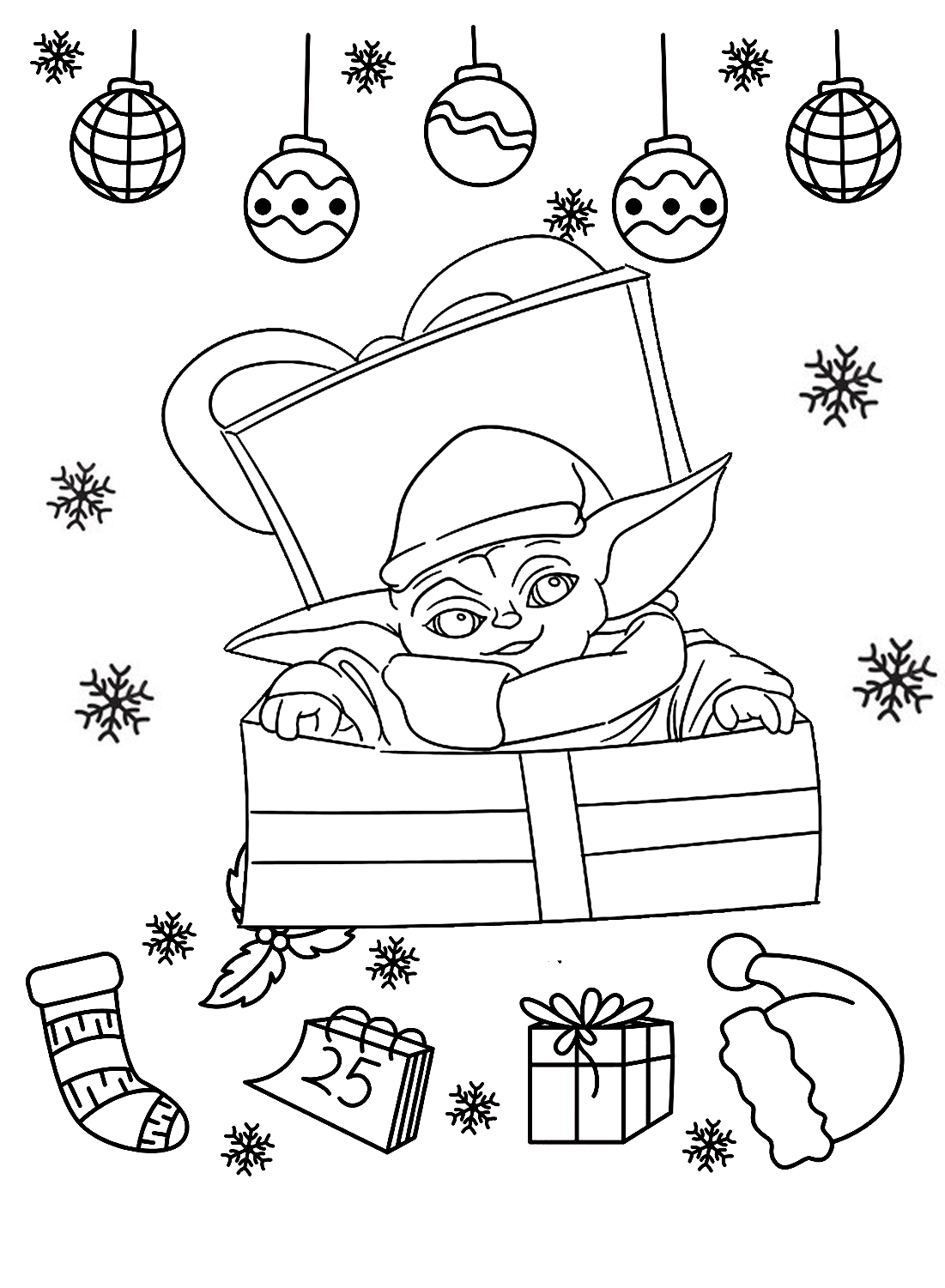 Página para colorear de Baby Yoda de Navidad