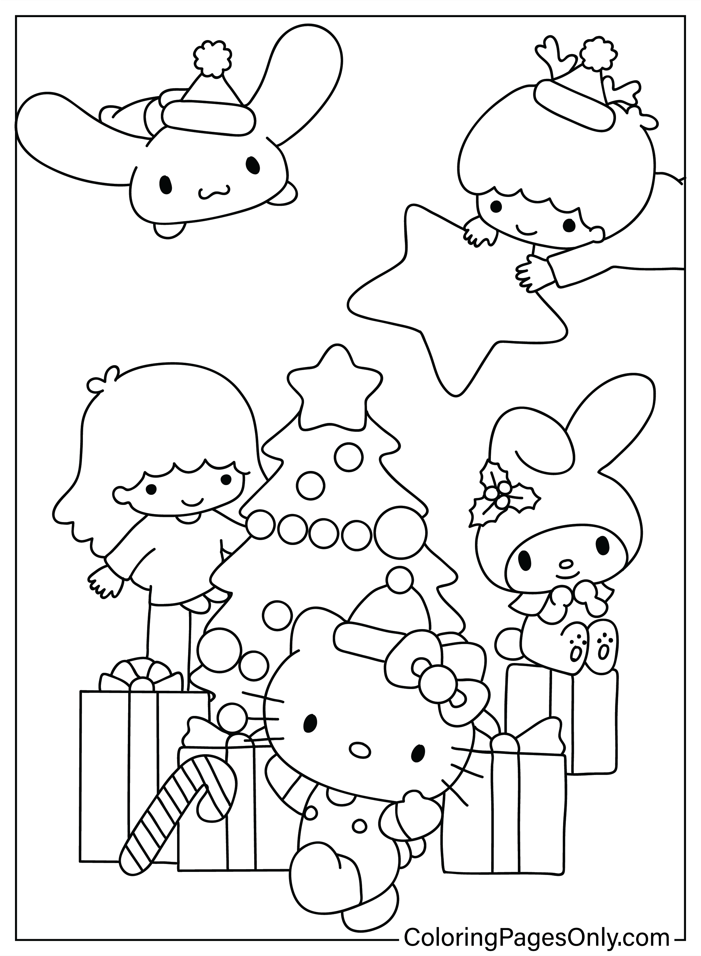 Página para colorear de Hello Kitty de Navidad de dibujos animados de Navidad