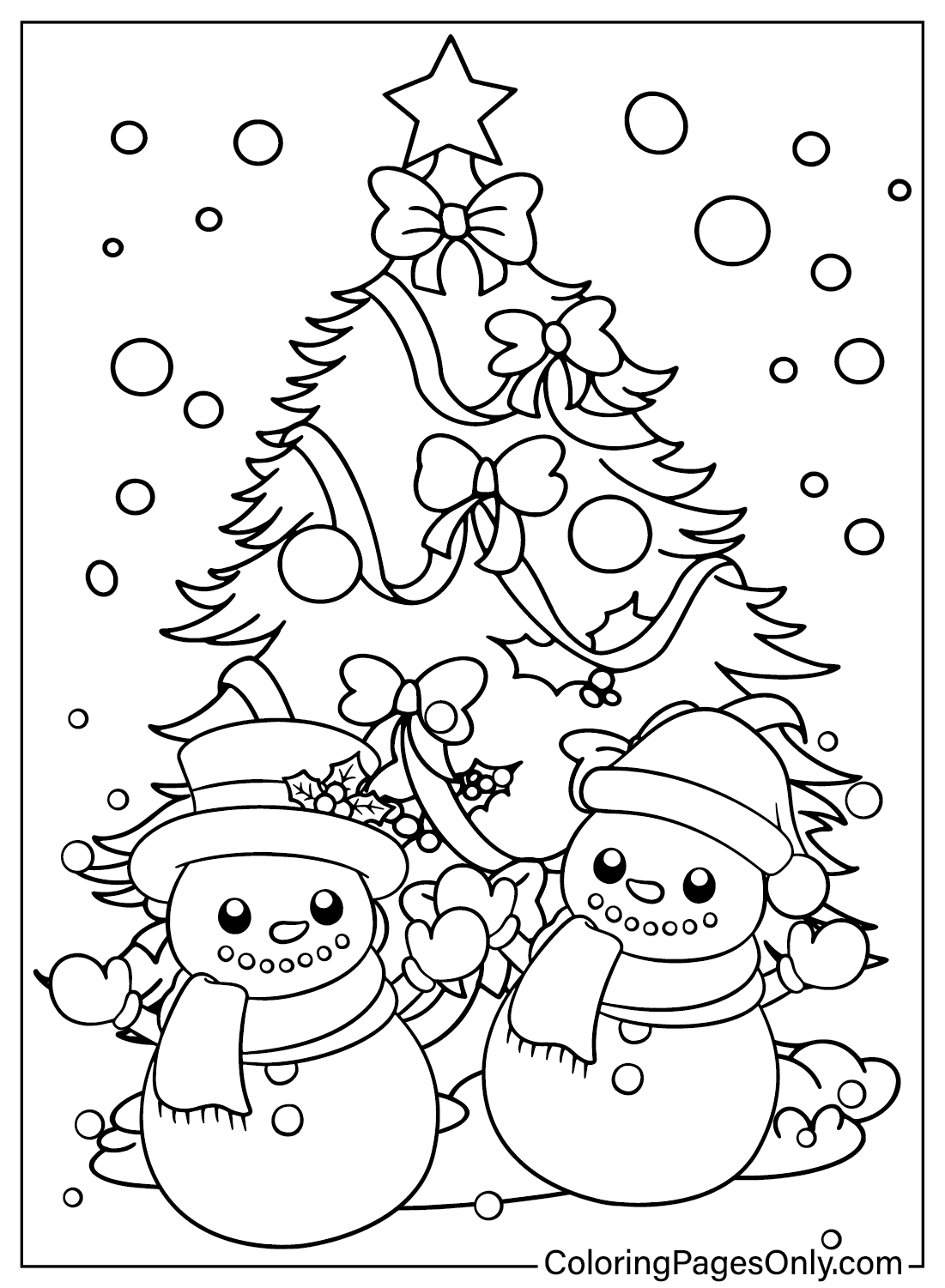 Christmas Tree and Snowman Coloring Page