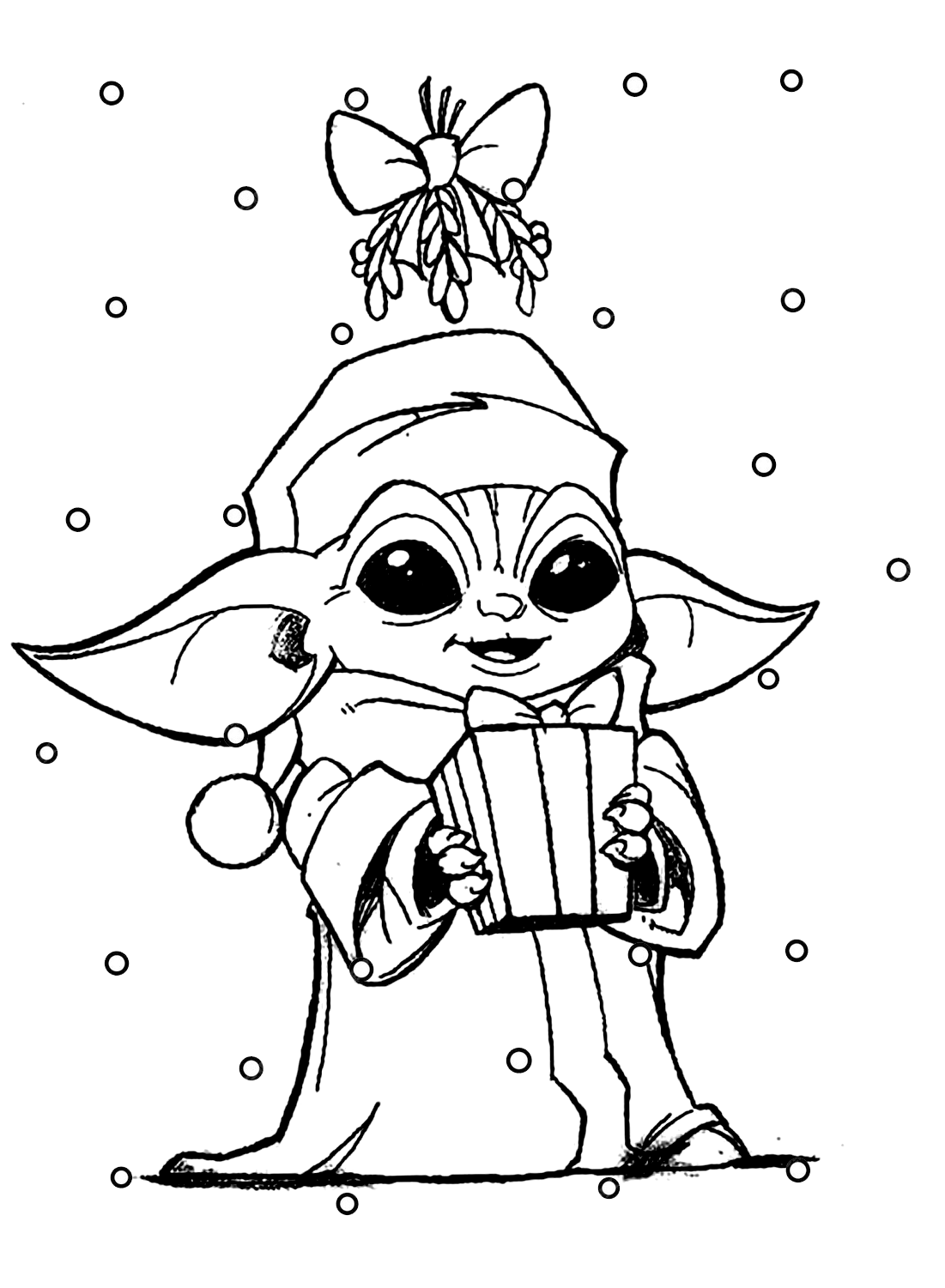 Pagina a colori di Baby Yoda e regalo di Natale