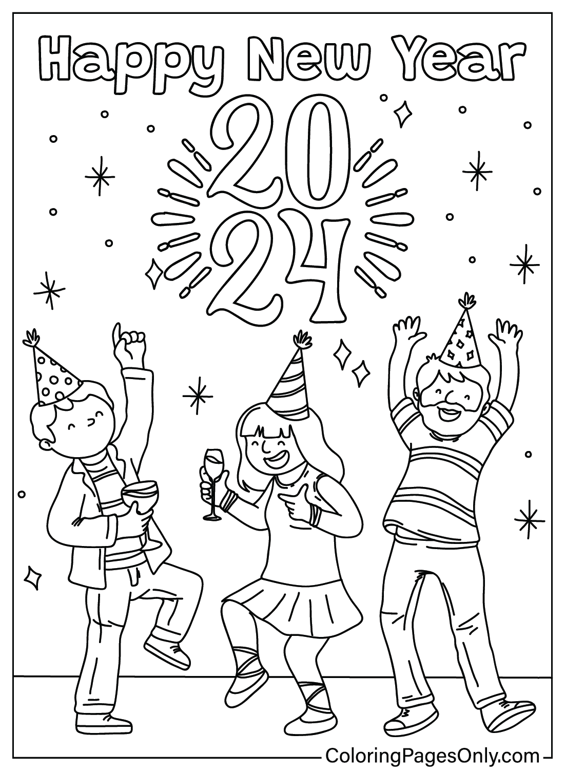Coloring Page Happy New Year 2024 from Happy New Year 2024