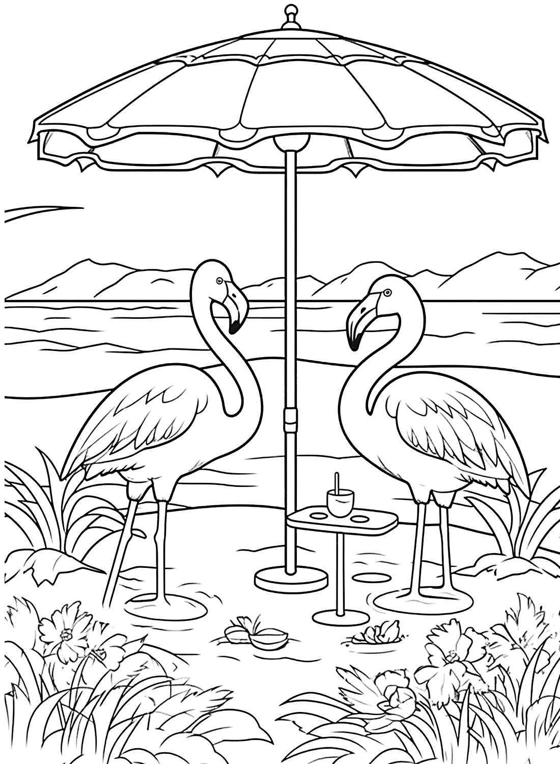 Coloring Page of Flamingo and Beach
