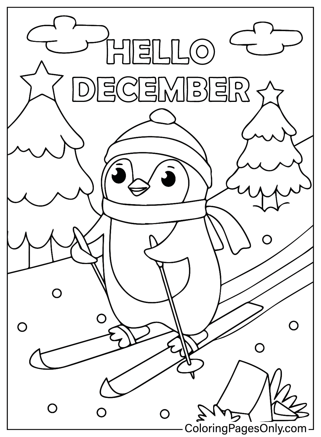 Pagina da colorare del pinguino di dicembre dagli sport invernali