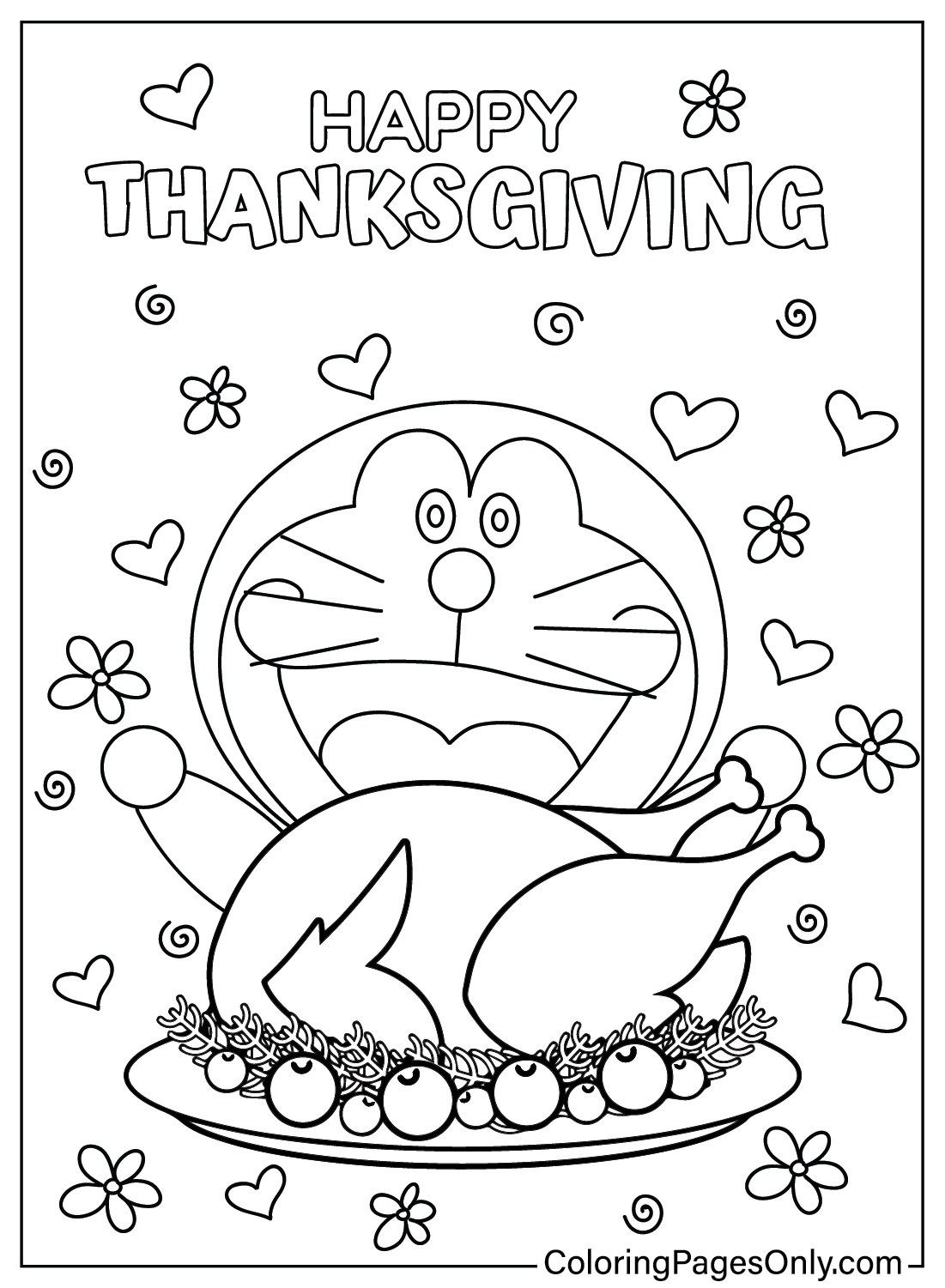 Página para colorir de Doreamon de Ação de Graças do desenho animado de Ação de Graças