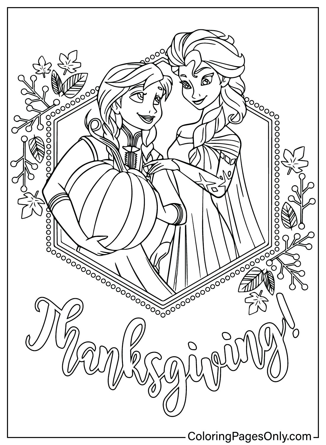 Página para colorear de Acción de Gracias de Elsa y Anna de Acción de Gracias de Disney