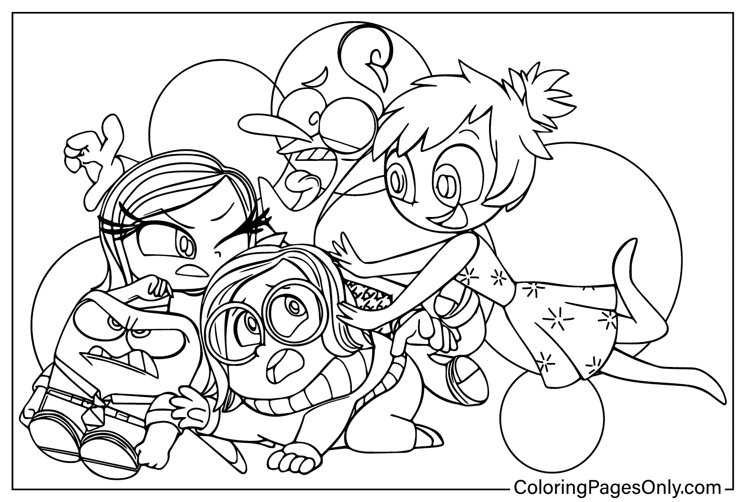 Five characters from Inside Out 2 Coloring Page from Inside Out 2